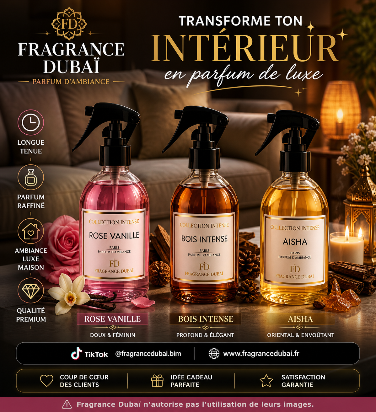 Parfum d’ambiance Fragrance Dubaï 250ml – Collection gourmande & orientale