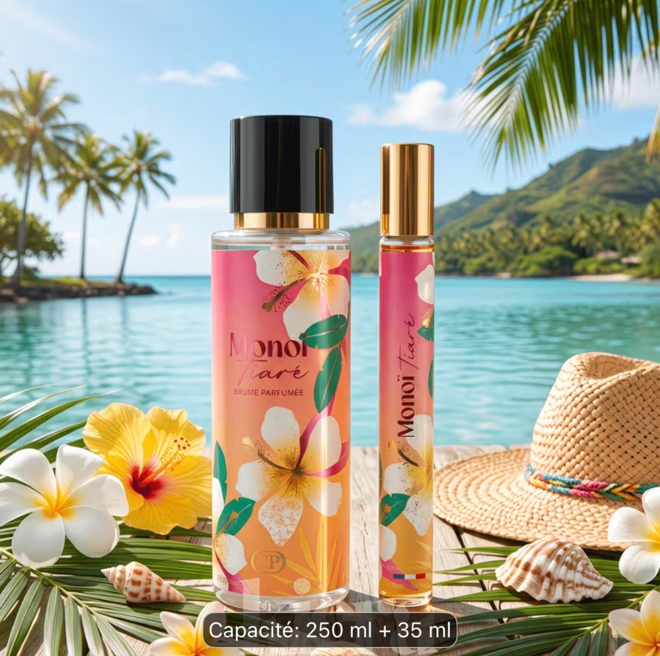 Brume Monoï Tiaré 250ml + Parfum 35ml - Mixte – Parfum Solaire Coco & Monoï – Voile Léger Longue Tenue