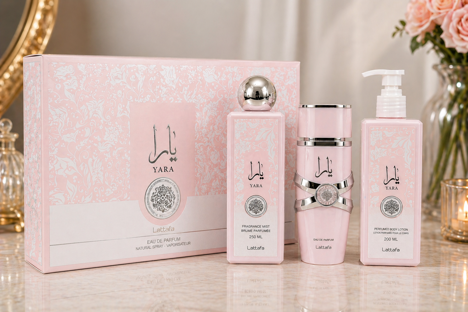 Coffret Yara Rose Lattafa – Parfum + Brume + Lotion 🤍 Élégant & Doux